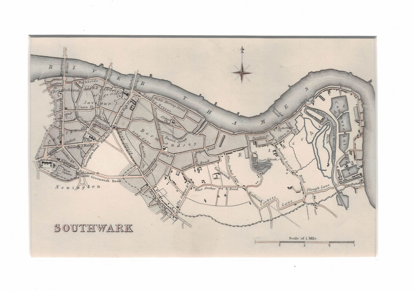 Southwark and Rotherhithe, Antique Map, 1835