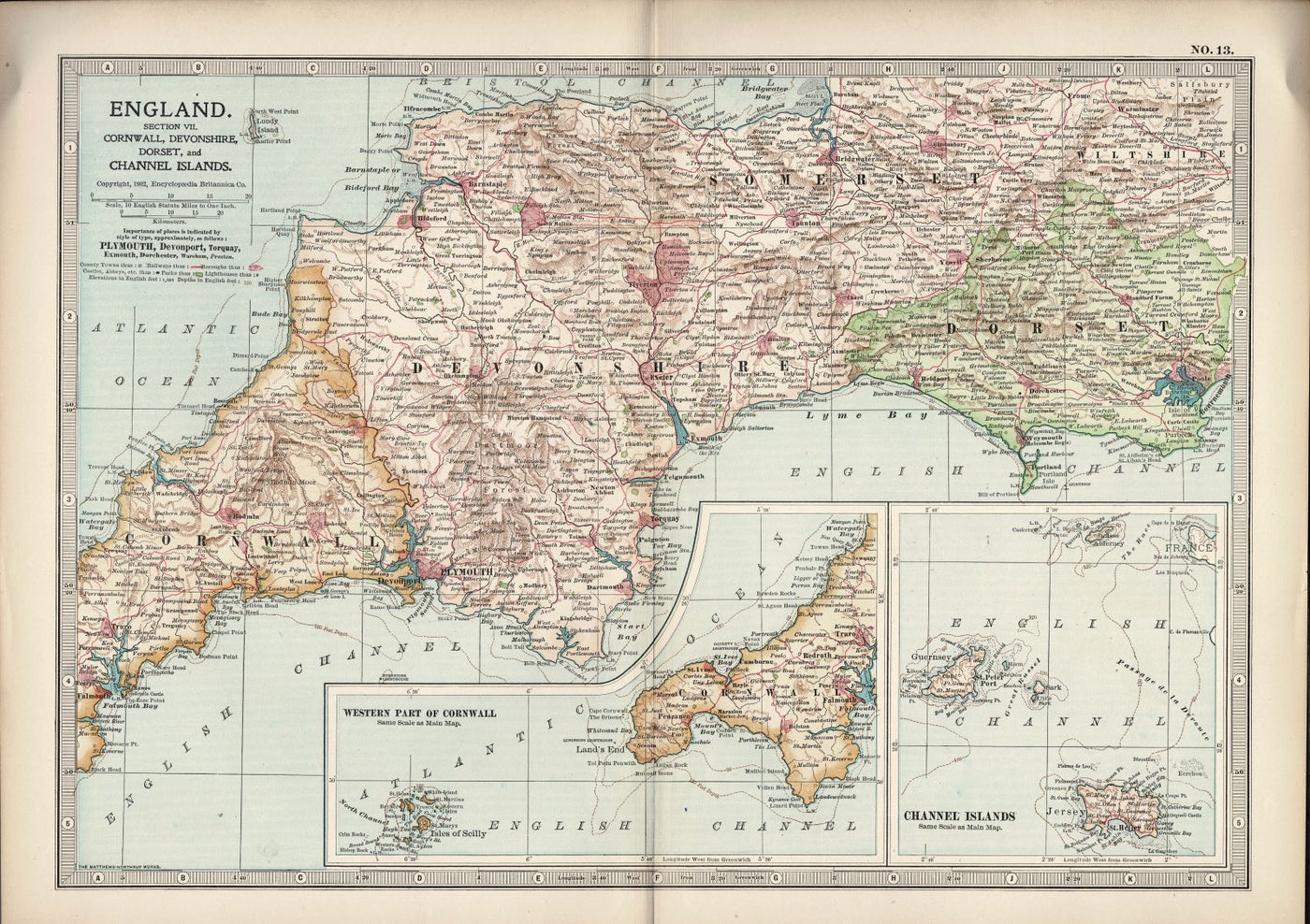 England South West antique map Encyclopedia Britannica 1903