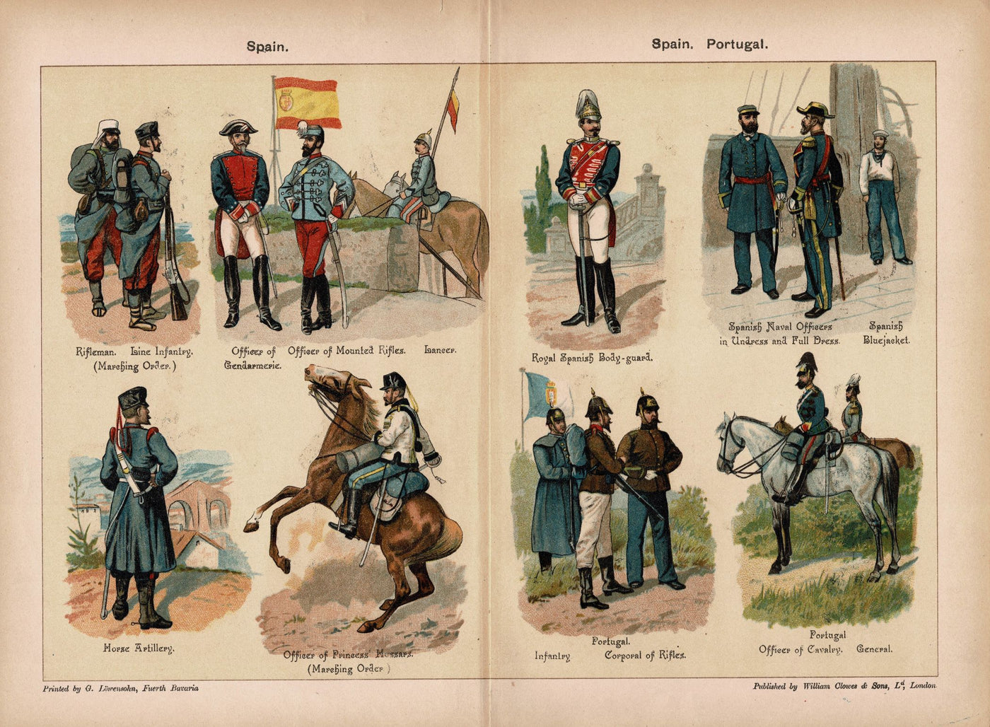Spain Portugal Army uniforms by Richard Knotel antique print 1890
