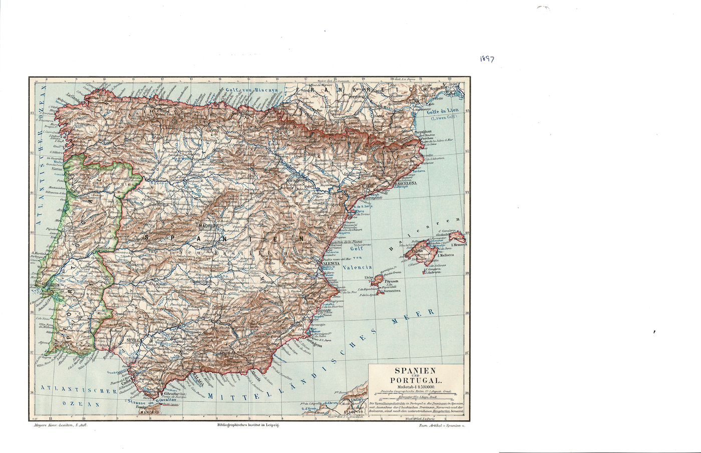 Spain and Portugal antique map published 1896 from the 5th edition of Meyer's Konversations-Lexicon