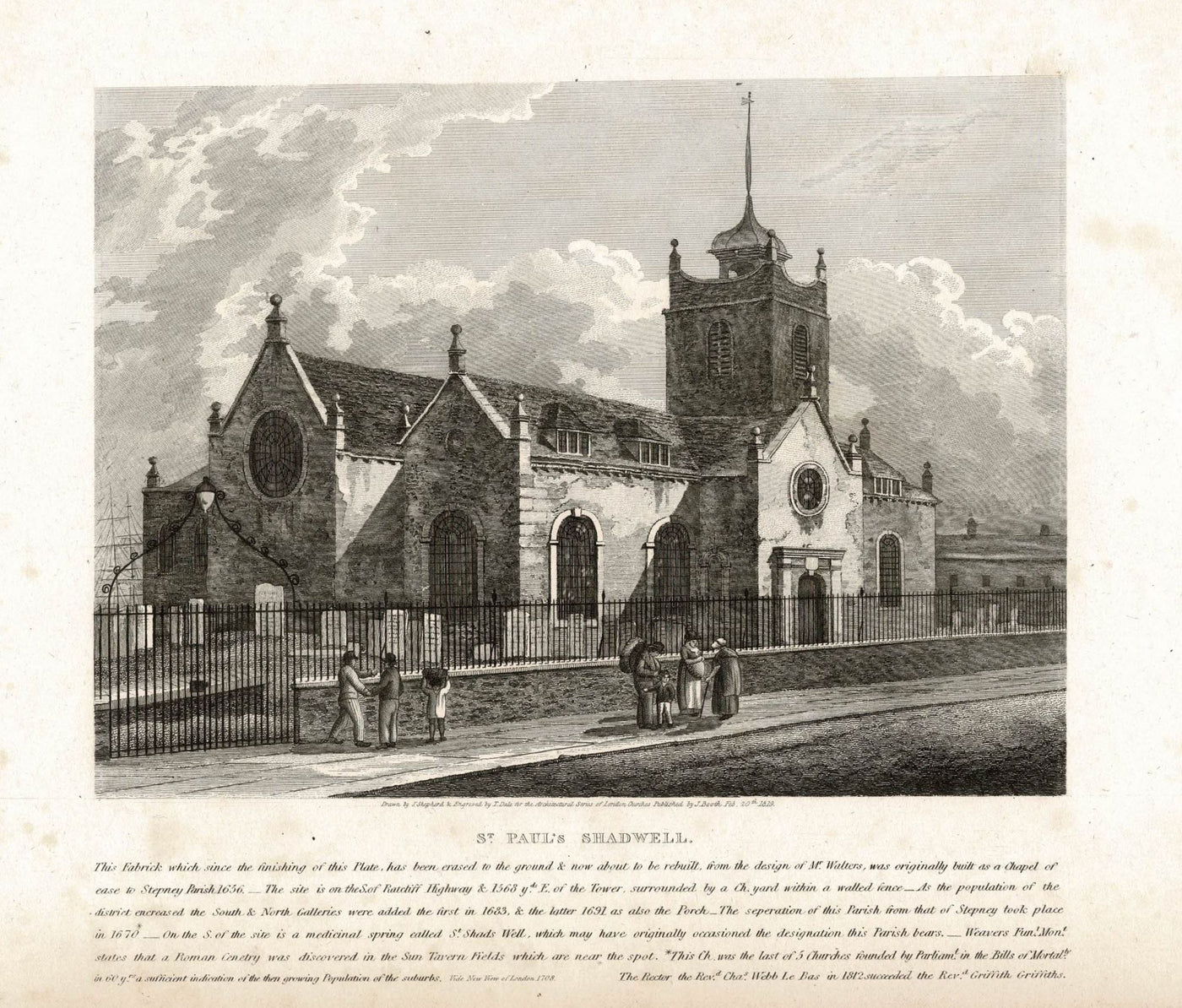 St. Paul's Church Shadwell exterior antique print 1819