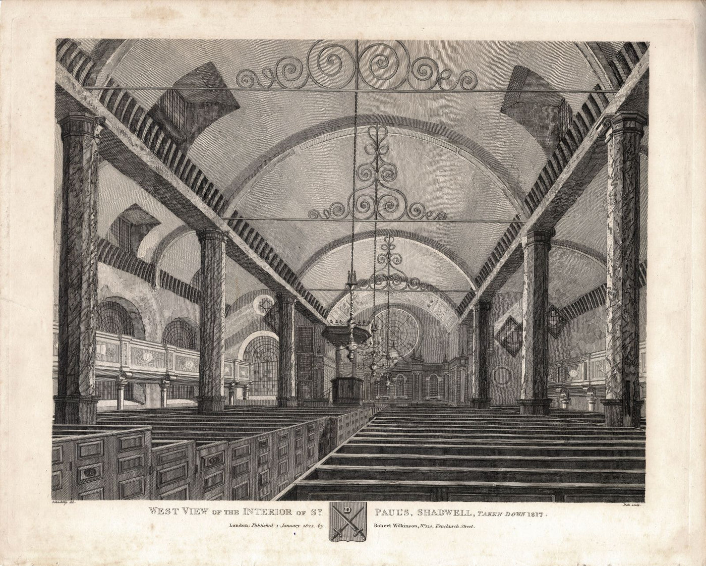 St. Paul's Church Shadwell interior antique print 1825