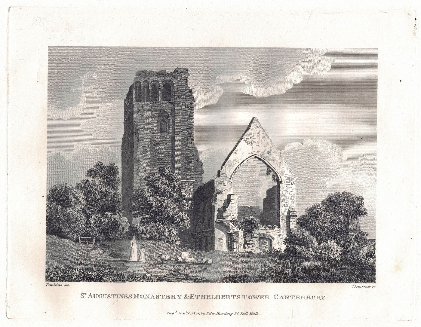 St Augustin's Monastery & Etherlbert's Tower antique print 1801
