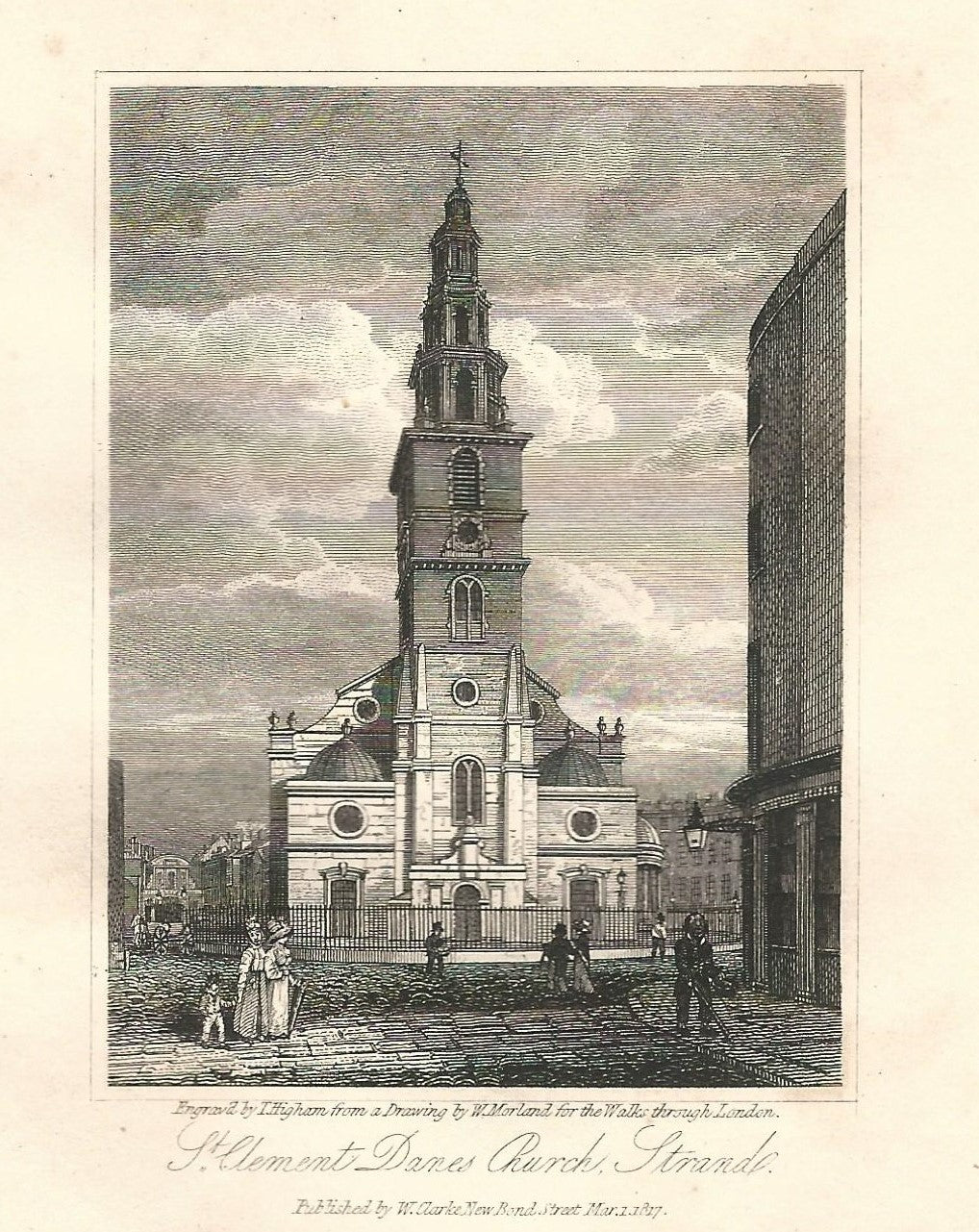 St Clement Danes Church, Strand, antique print 1817