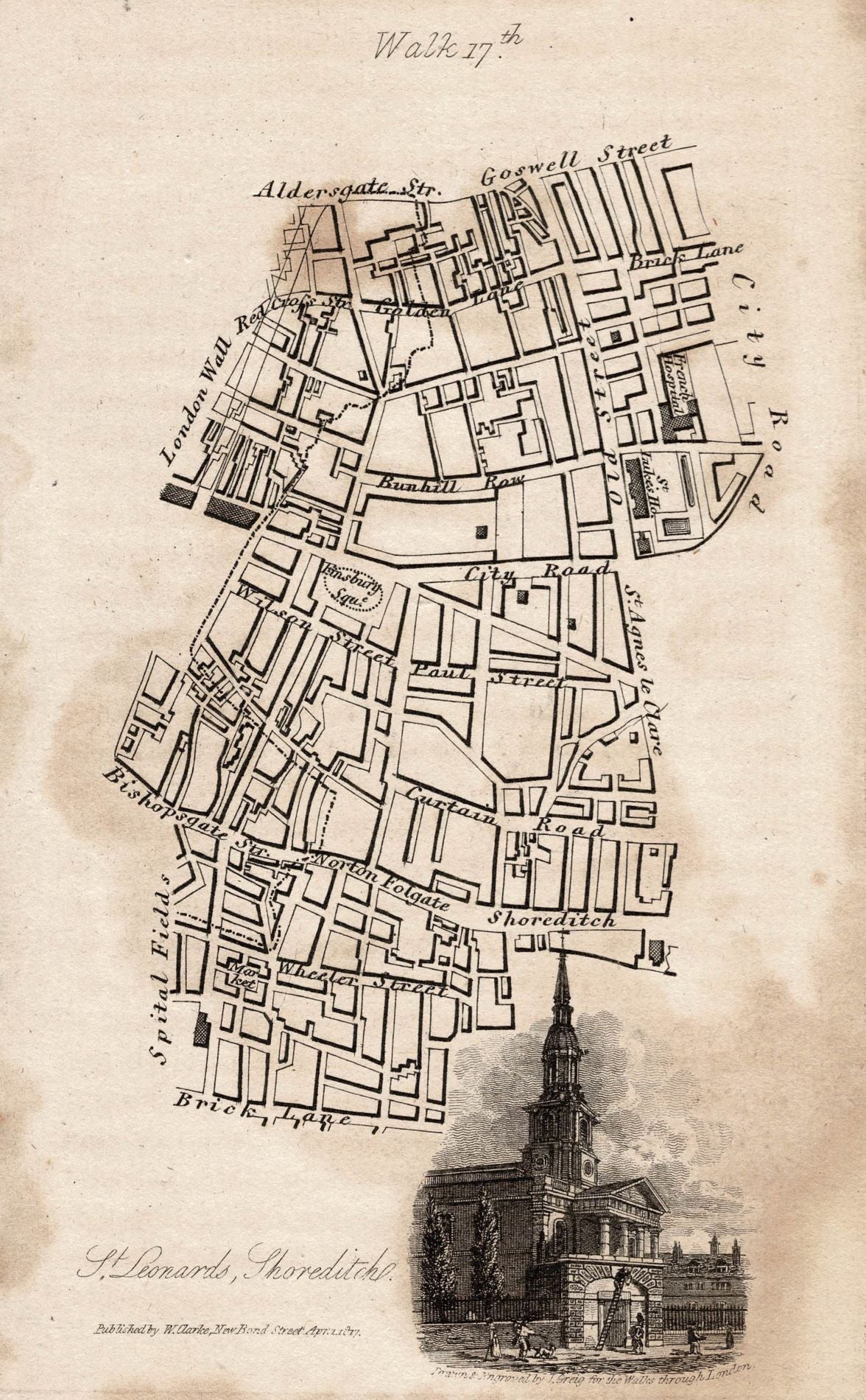 St Leonards Church Shoreditch antique print 1817