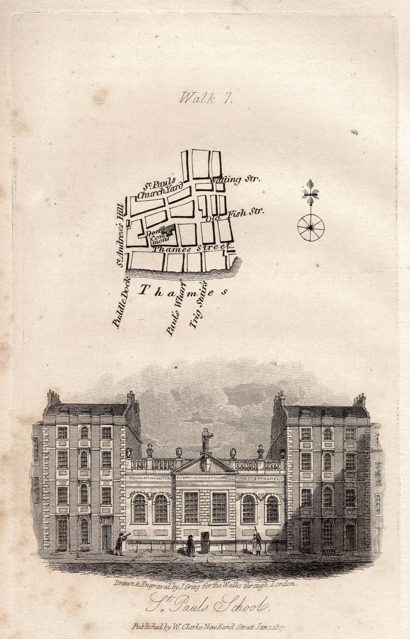 St Paul's School, City of London walk antique print 1817