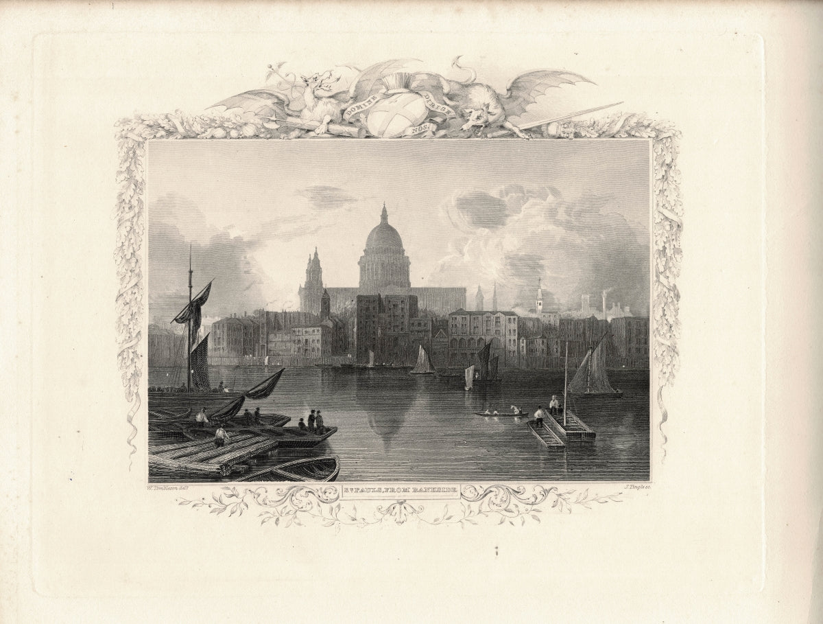 St Pauls Cathedral from Bankside antique print 1840