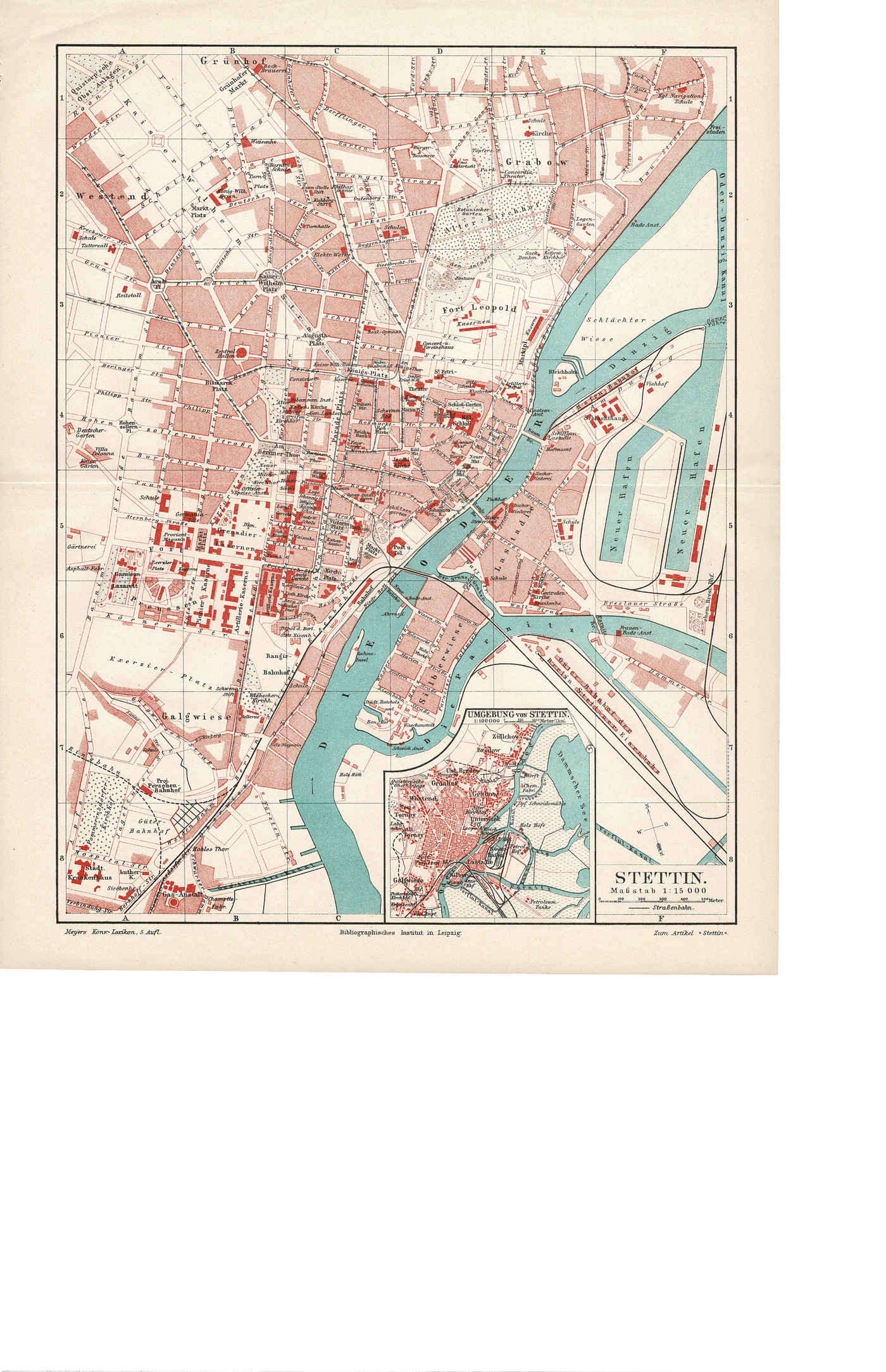 Stettin (Szczecin ) Poland antique map published 1896 from Meyer's Konversations-Lexicon