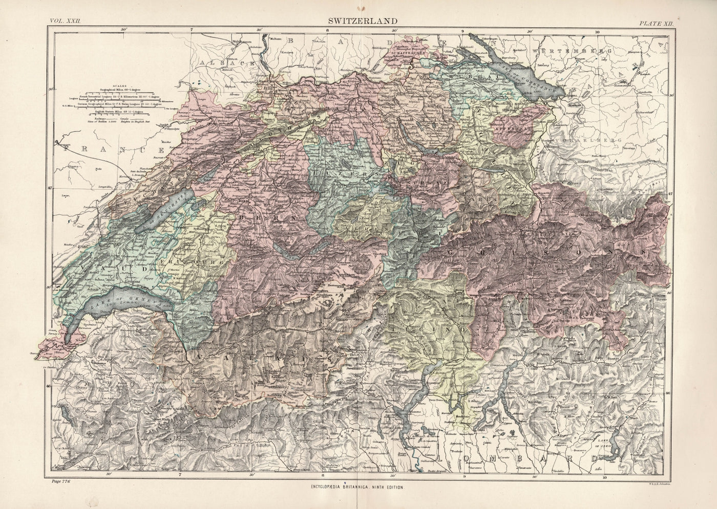 Switzerland antique map from Encyclopaedia Britannica 1889