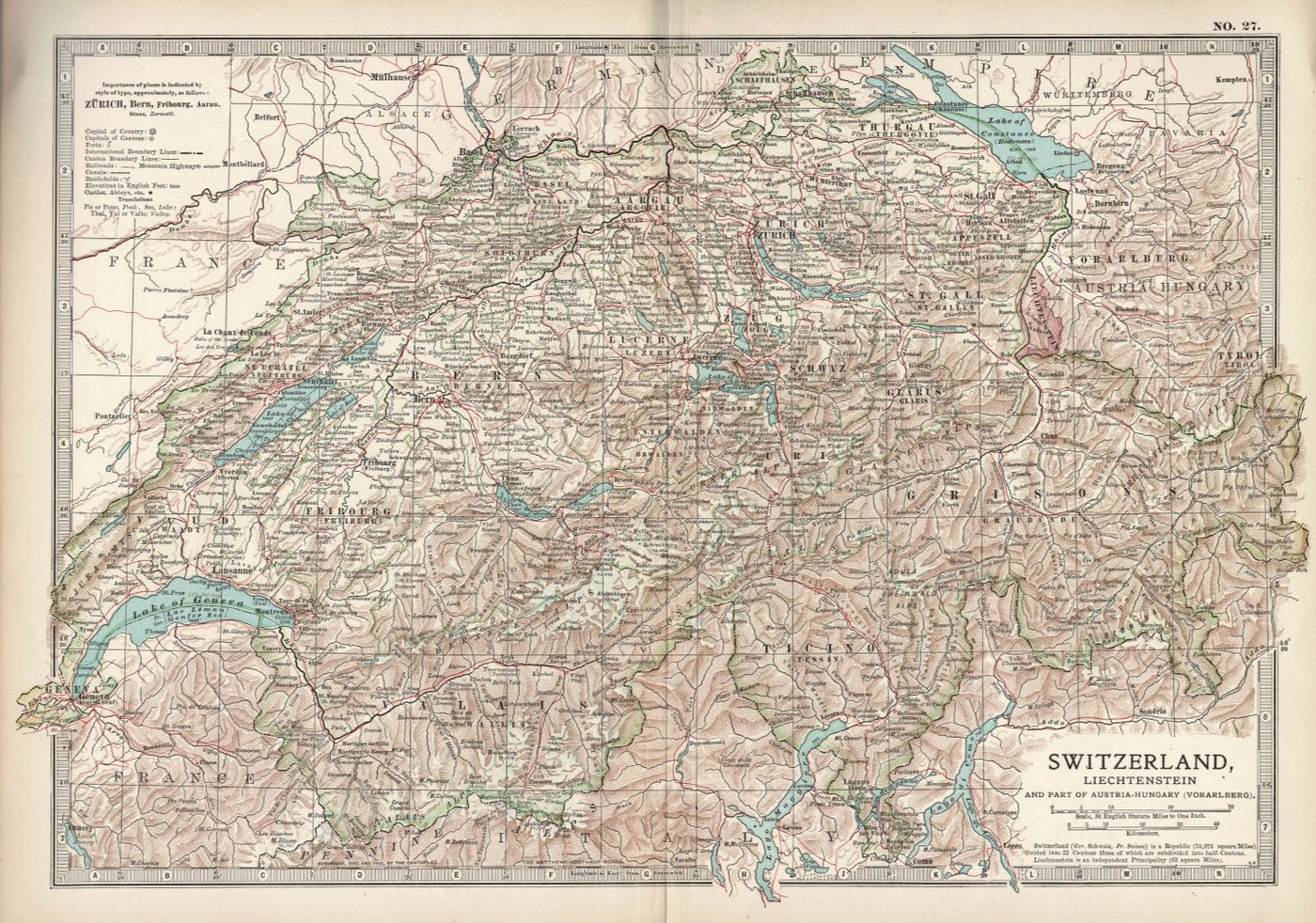 Switzerland & Liechtenstein antique map from Encyclopaedia Britannica 1903