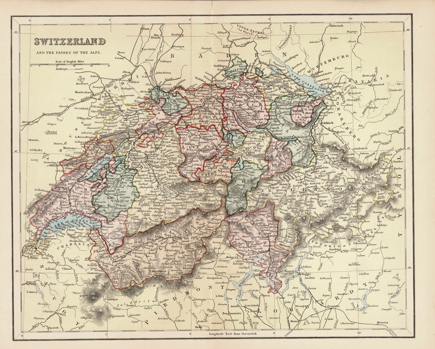 Switzerland and the Alpine Passes antique map published 1879