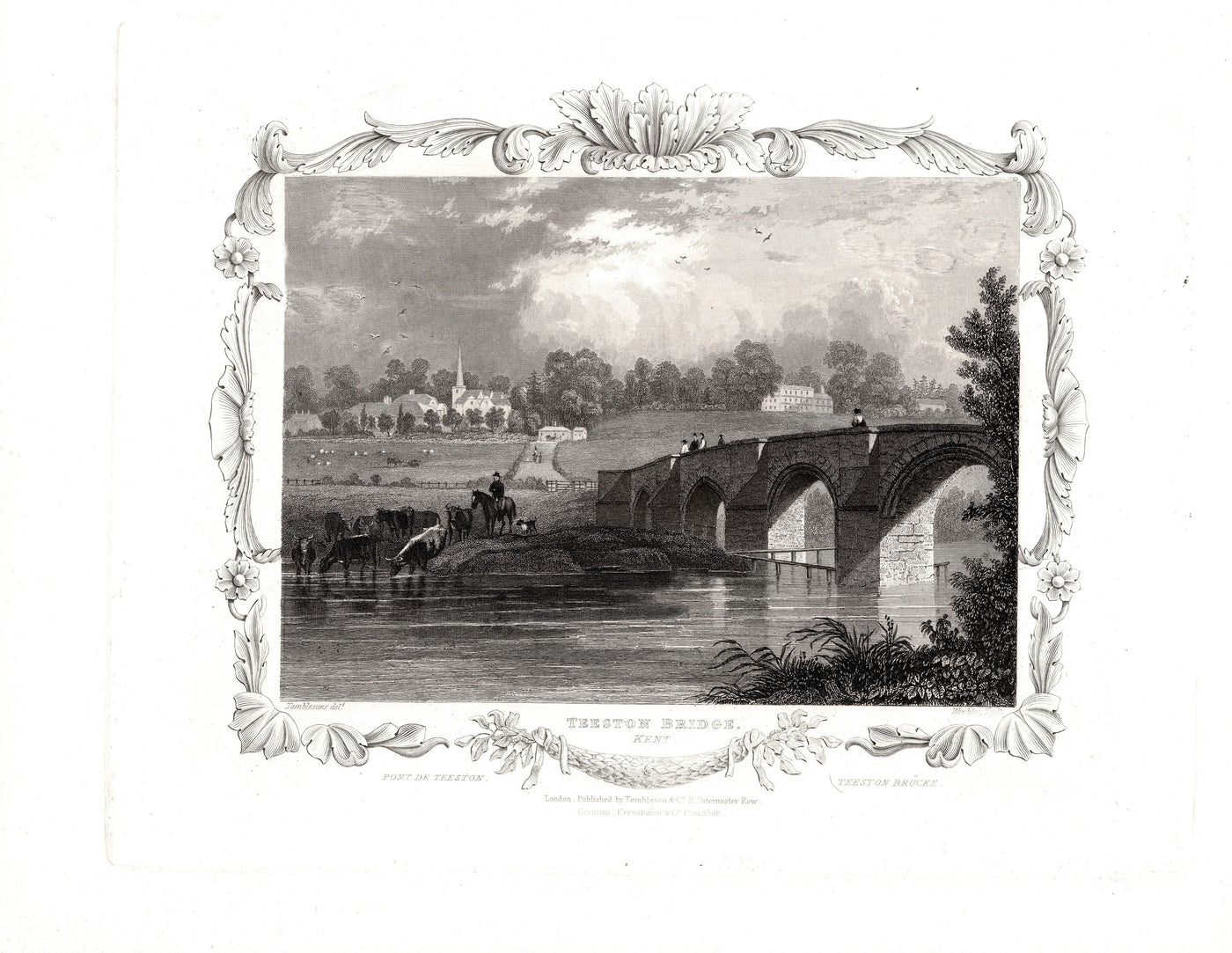 Teston Bridge, River Medway, Kent antique print 1840