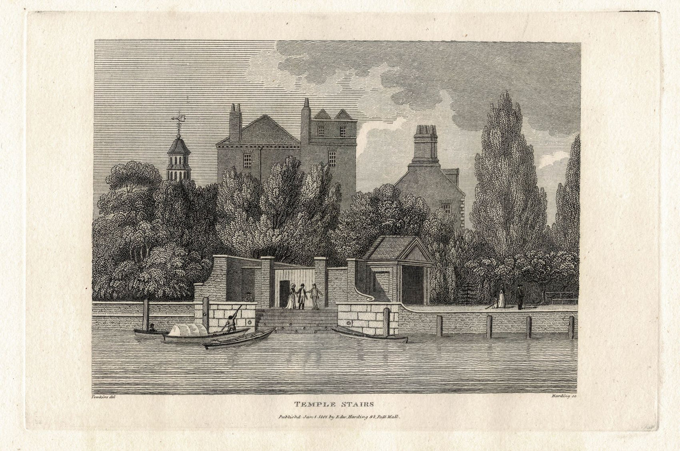 Temple Stairs London antique print published 1801
