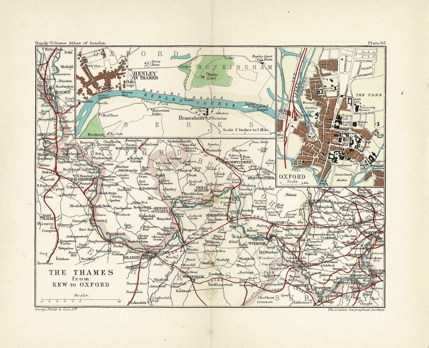 River Thames from Kew to Oxford including Henley Regatta course antique map 1907