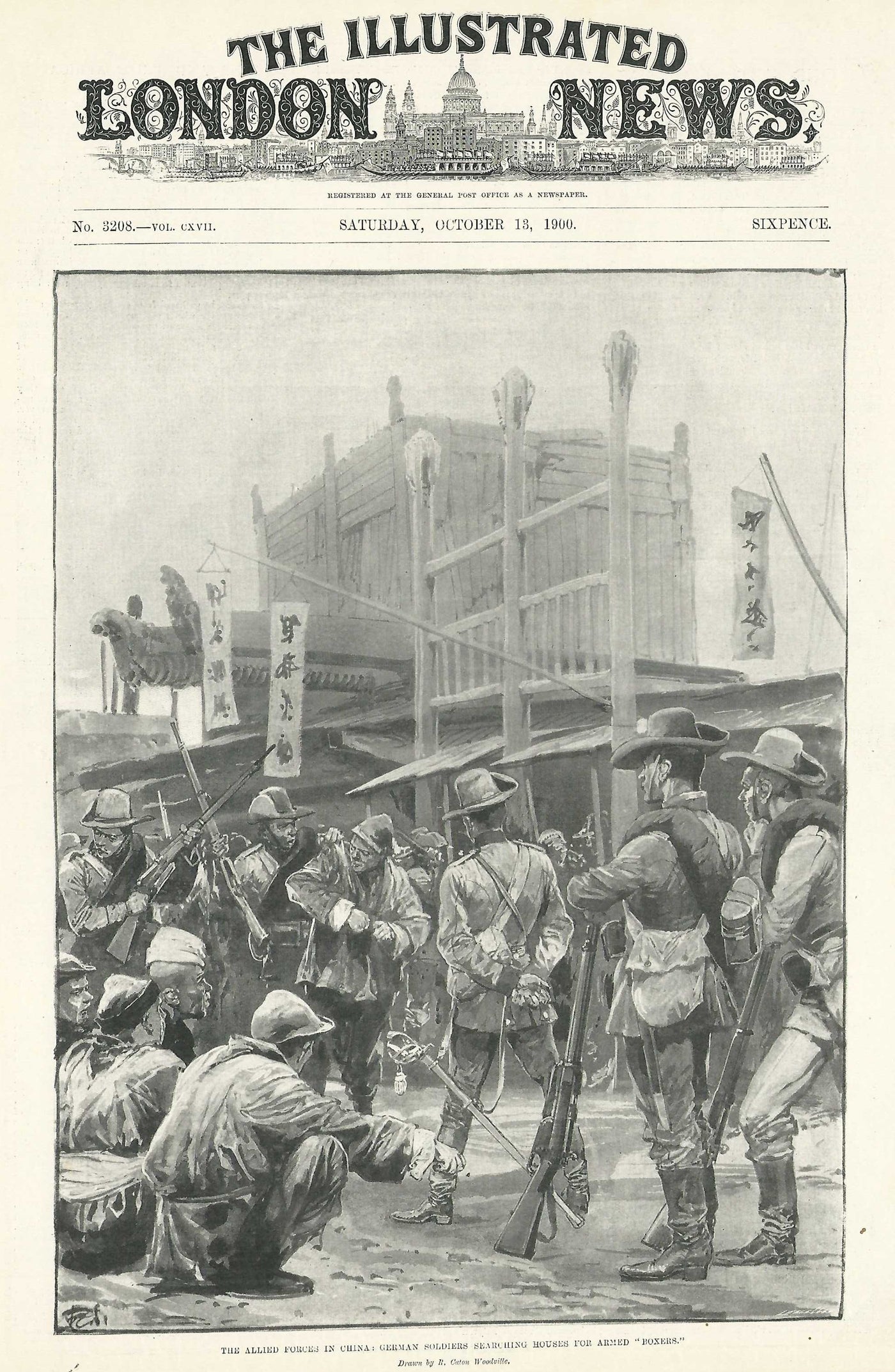Boxer Rebellion German Allied soldiers search a Boxer antique print 1900