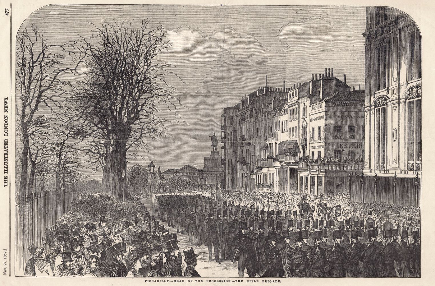 Rifle Brigade at Piccadilly during Wellington's funeral antique print 1852