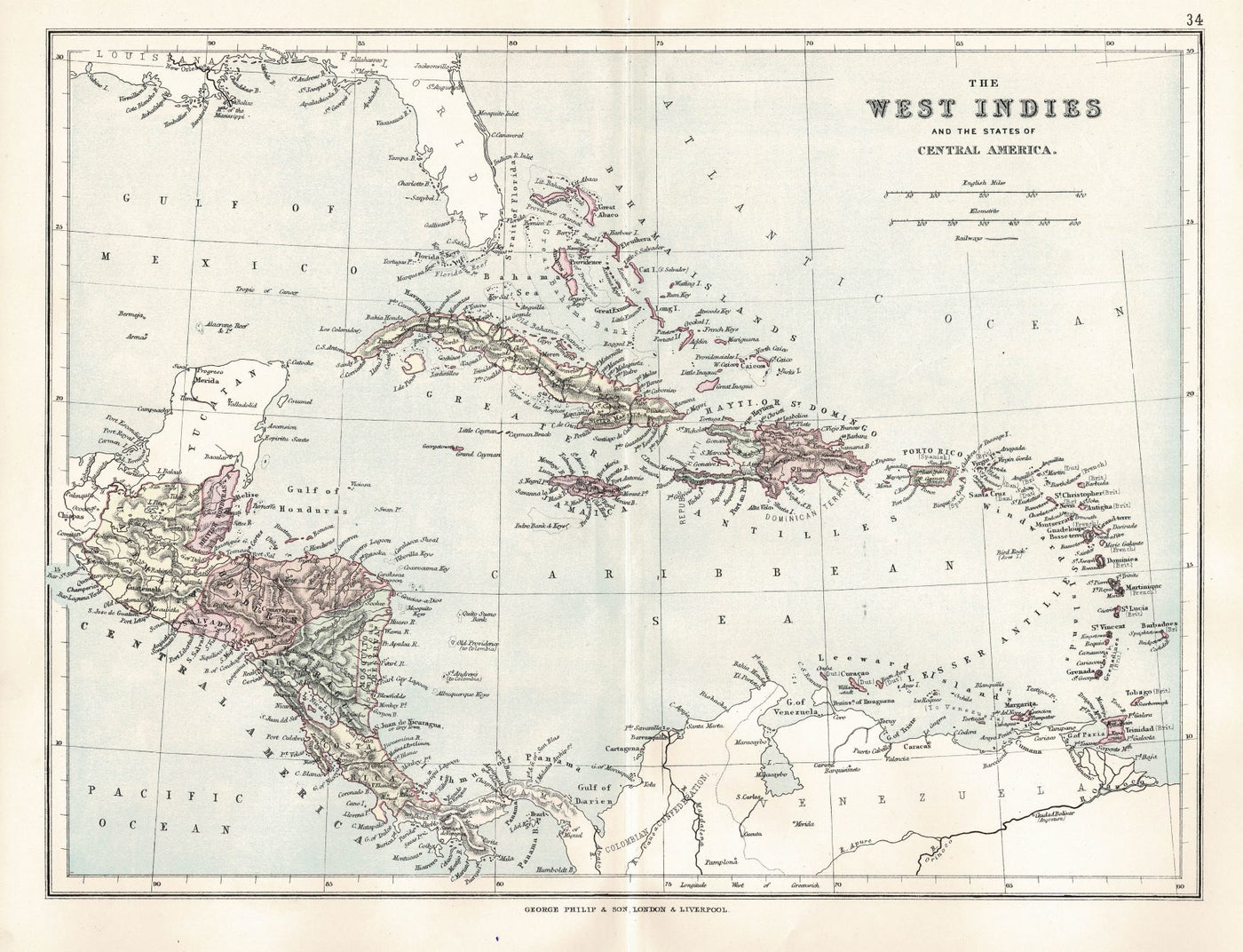 West Indies and Central America antique map 1891