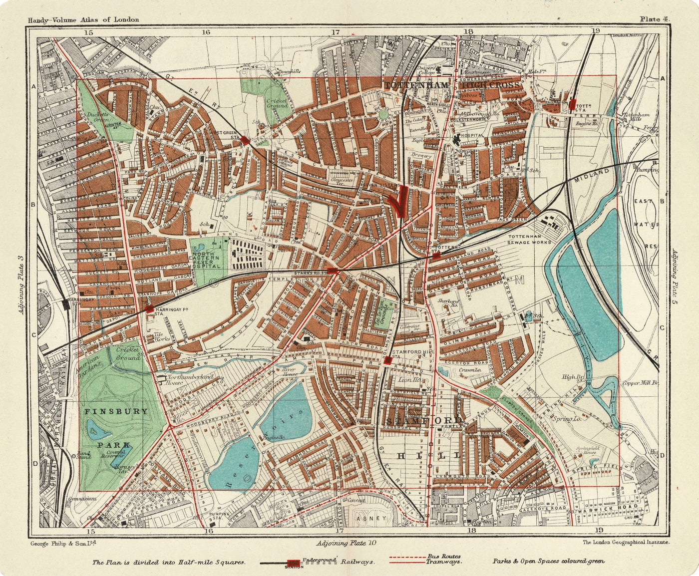 Tottenham, Finsbury Park, Stamford Hill,  antique map 1907