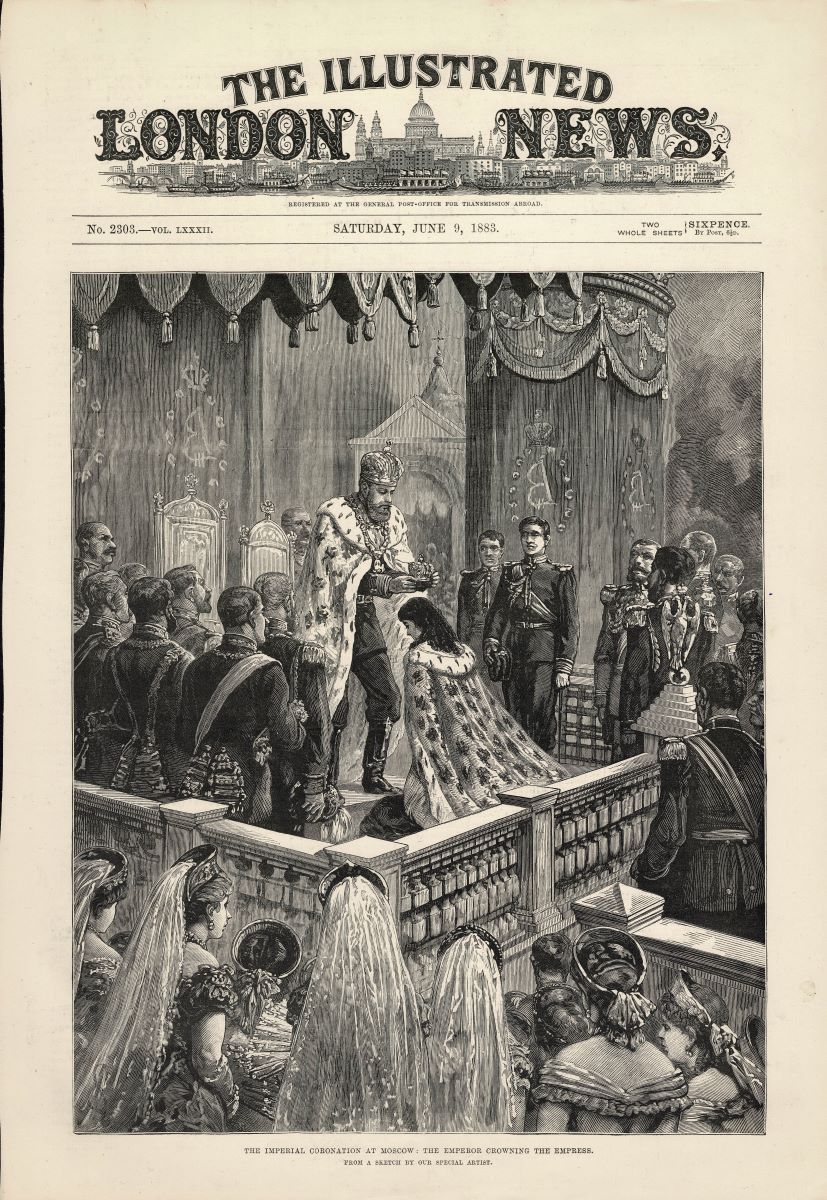 Tsar Nicholas II of Russia crowns the Empress antique print 1883