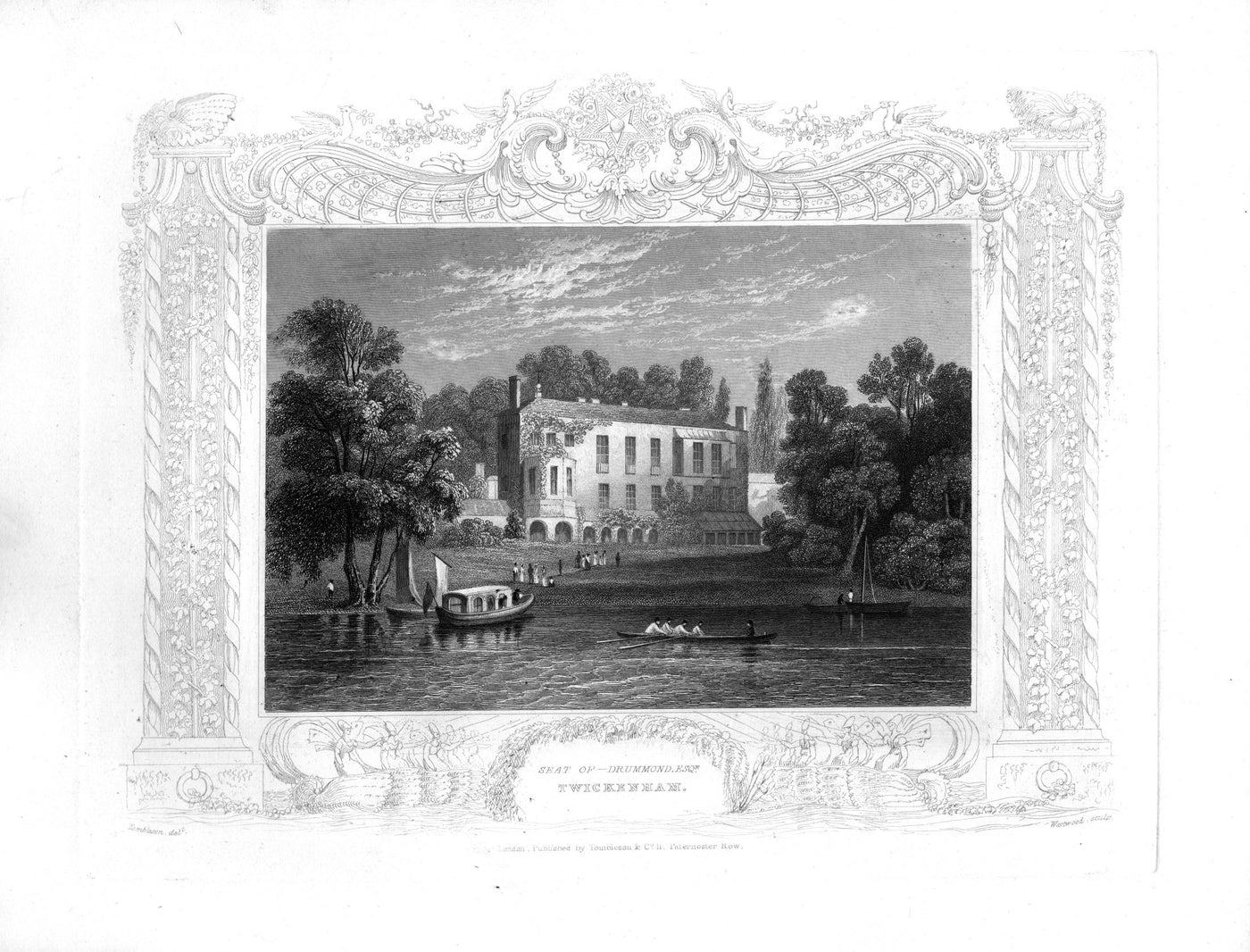 Twickenham Riversdale House on the River Thames antique print 1840
