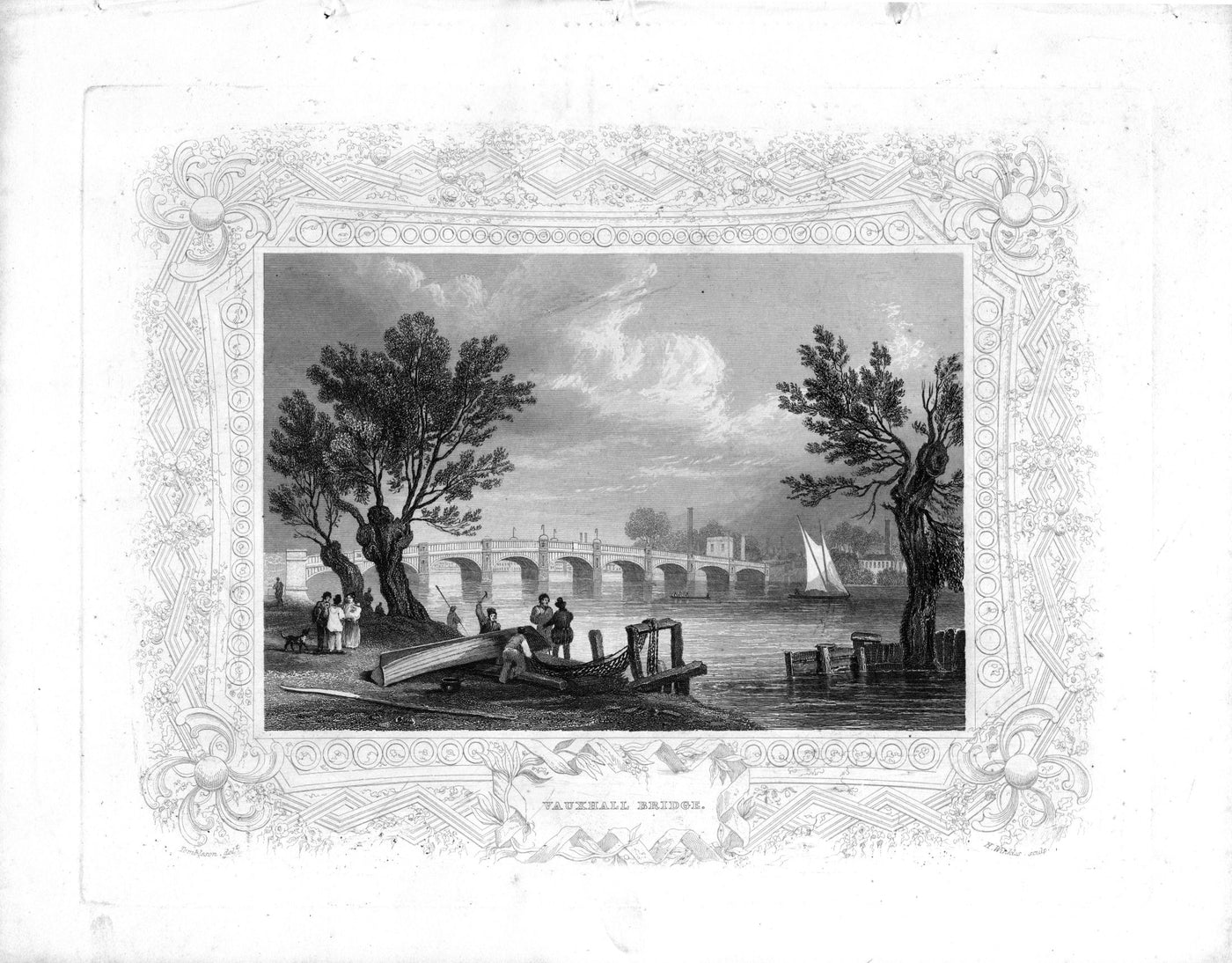 Vauxhall Bridge on the River Thames London antique print 1840