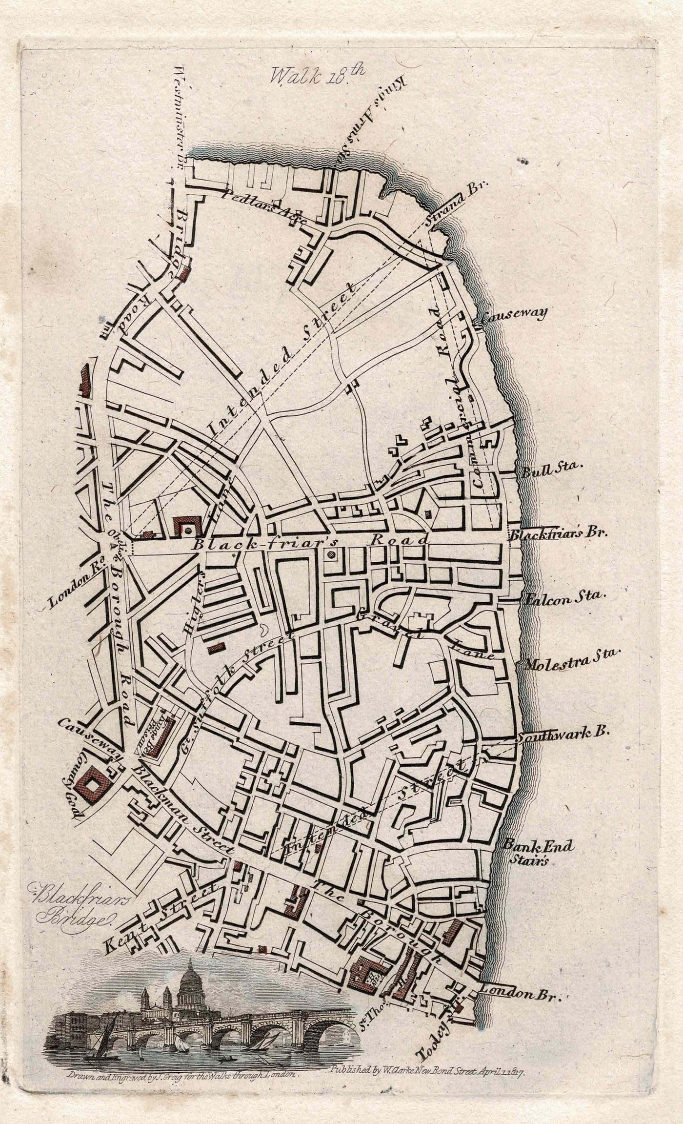 Walks in London from London Bridge to Westminster Bridge antique map 1817