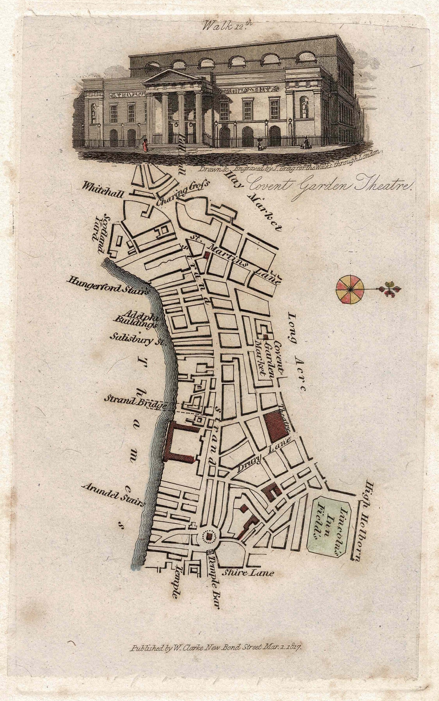 Covent Garden Theatre Local history walk antique map with added colour 1817