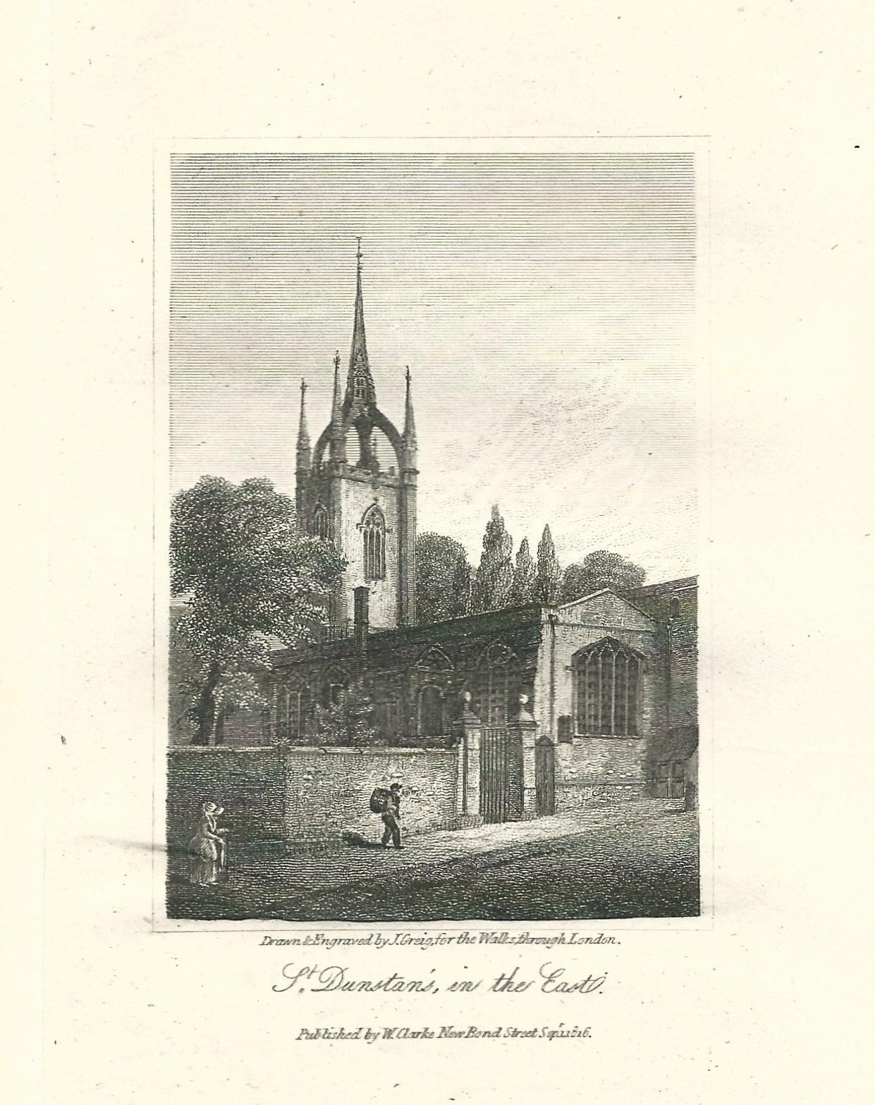 St Dunstan's in the East antique print 1817