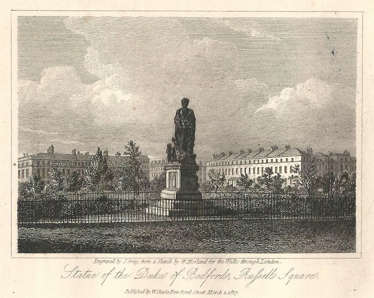 Duke of Bedford statue in Russell Square antique print 1817
