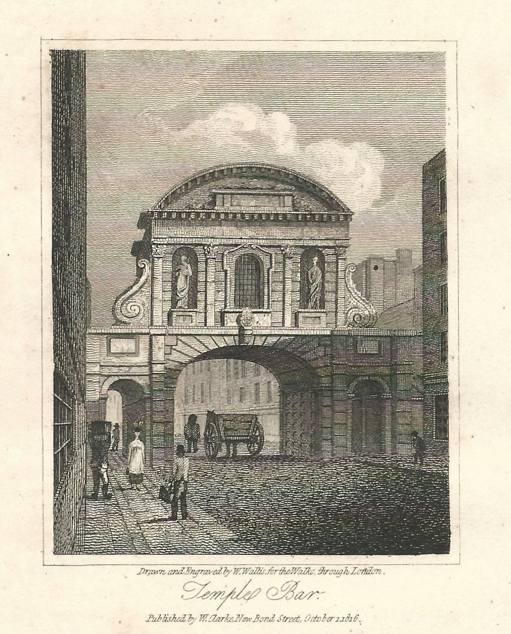 Temple Bar, London antique print published 1817