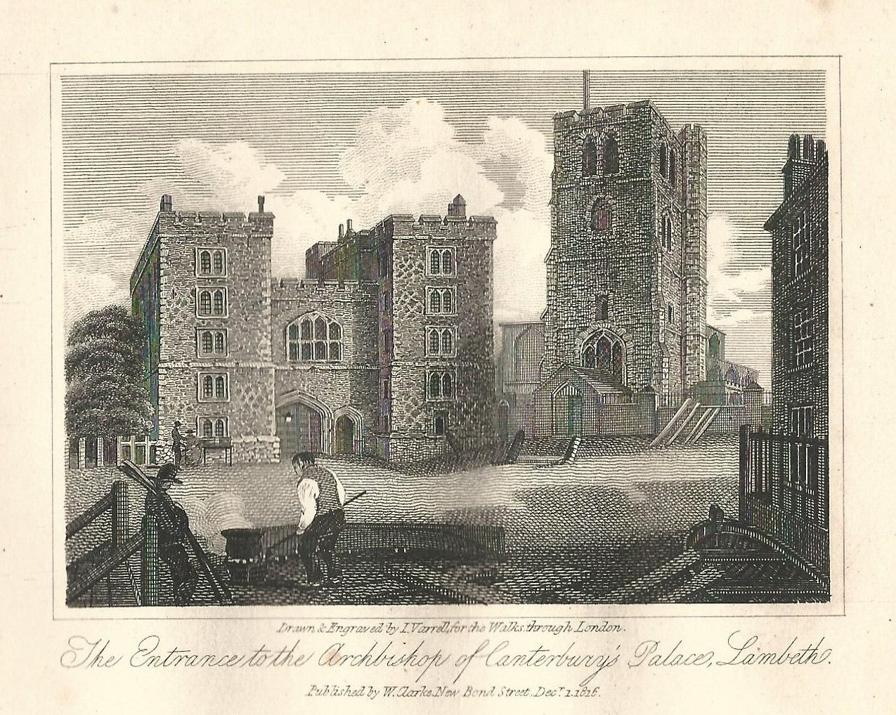 Entrance to Lambeth Palace London antique print 1817