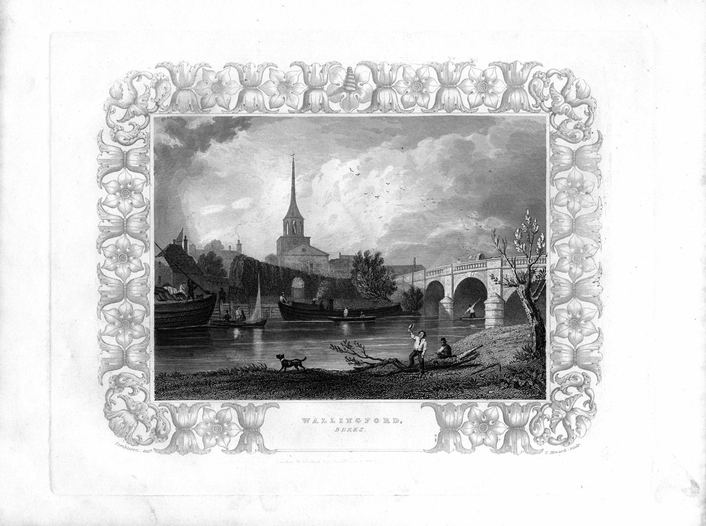 Wallingford Bridge Berkshire from the banks of the River Thames antique print 1840