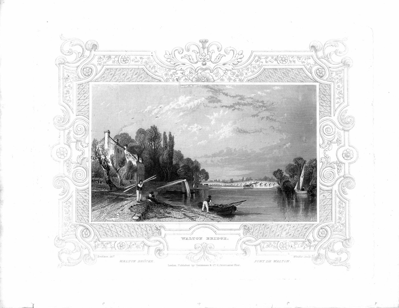 Walton Bridge crossing the River Thames from Middlesex to Surrey antique print 1840