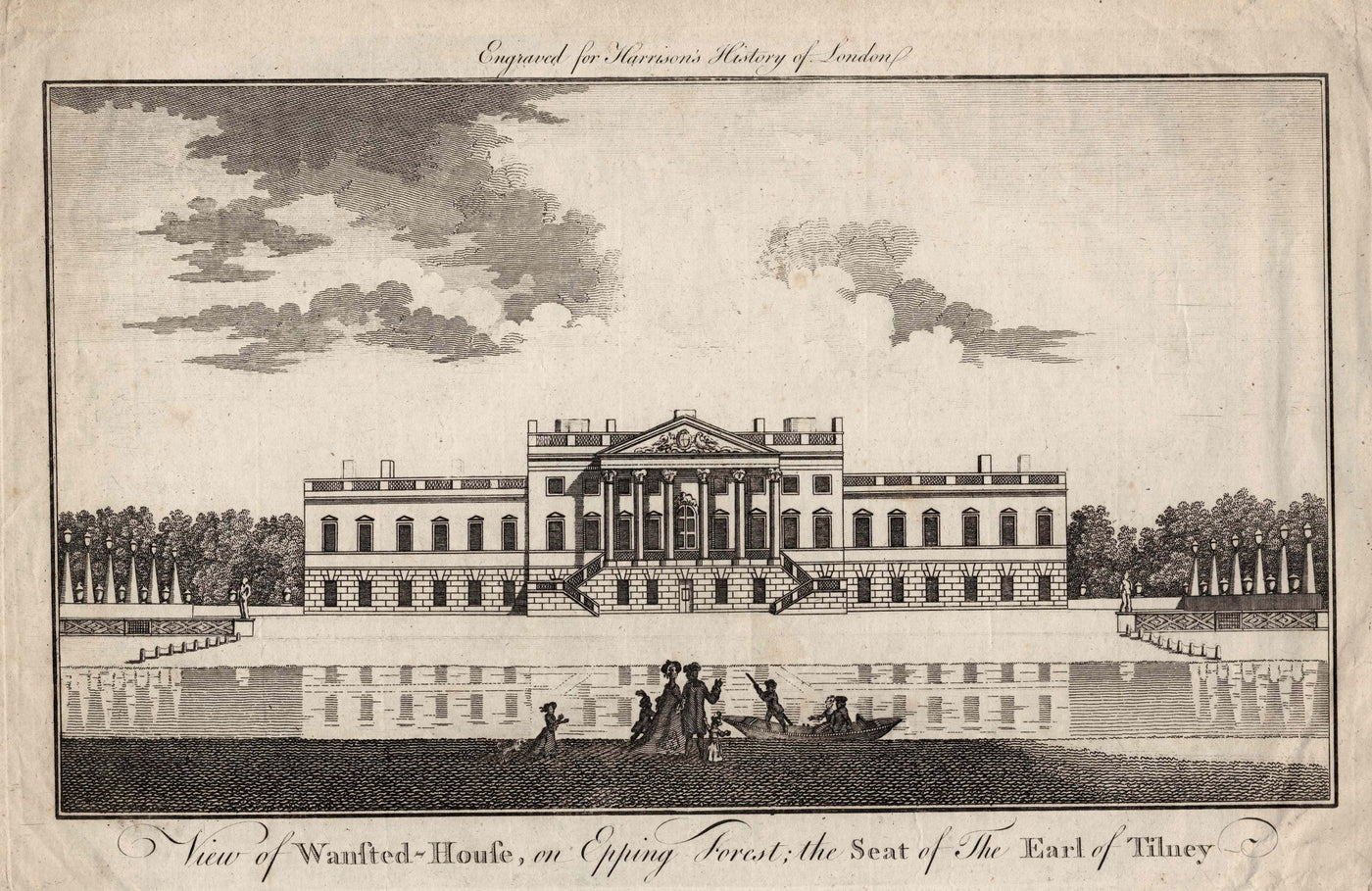 Wanstead House in Epping Forest Essex antique print published 1776