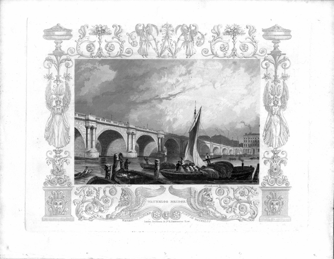 Waterloo Bridge and River Thames boat traffic antique print 1840
