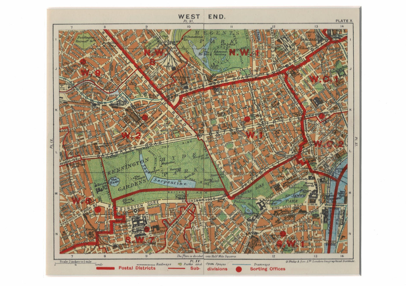 West End of London antique map published 1924