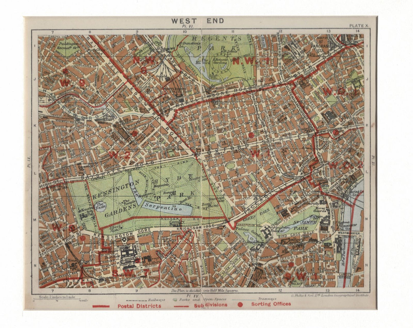 West End of London antique map published 1920