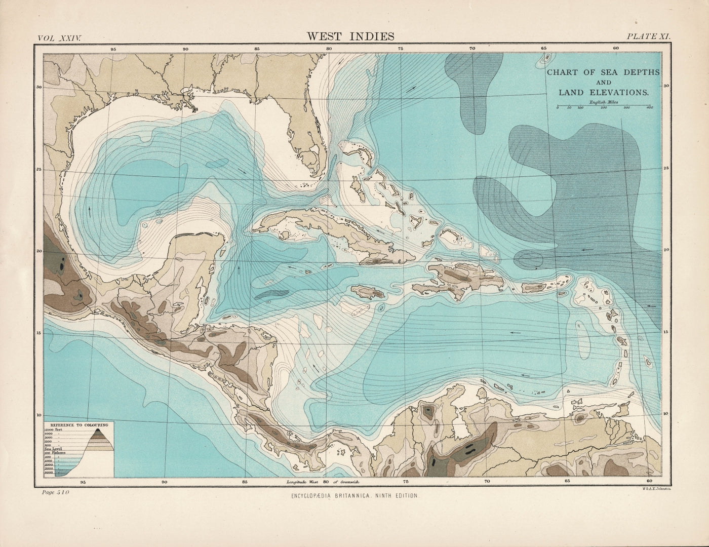 West Indies chart of sea depths & land elevations antique print 1889