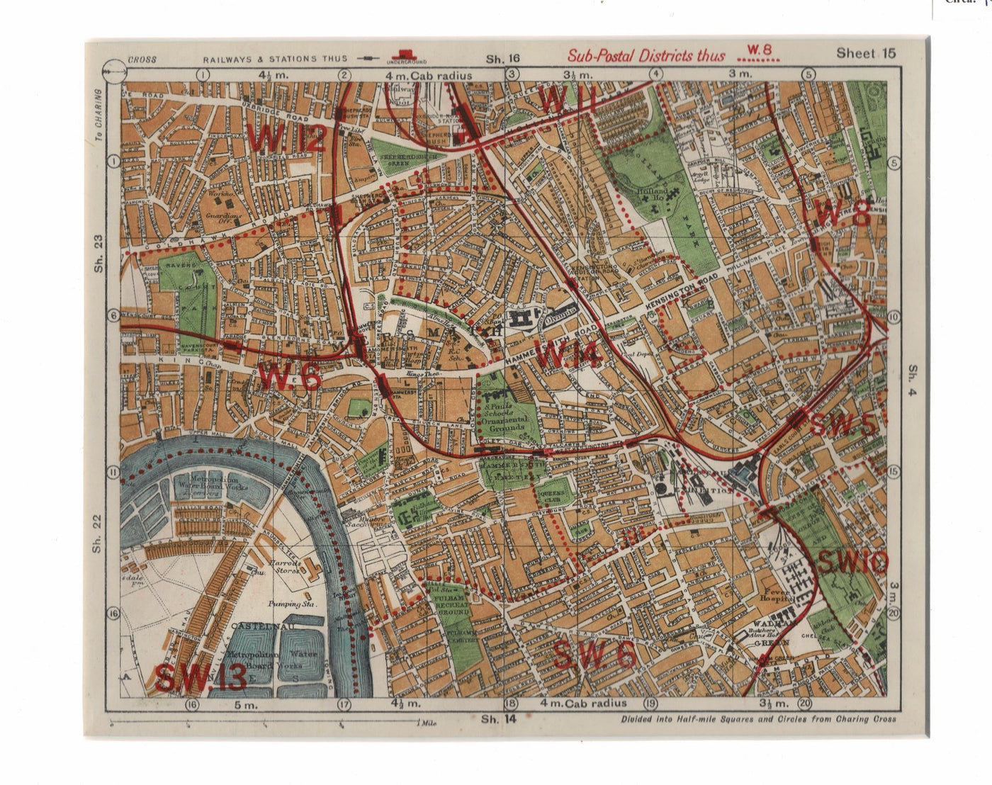 West London Sub-Postal Districts antique map published 1920