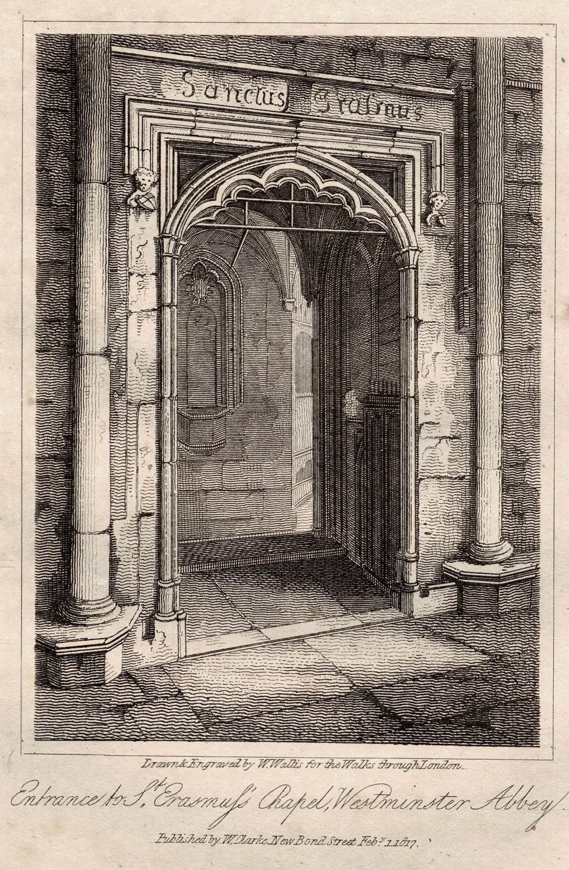 Westminster Abbey Saint Erasmus Chapel entrance antique print 1817