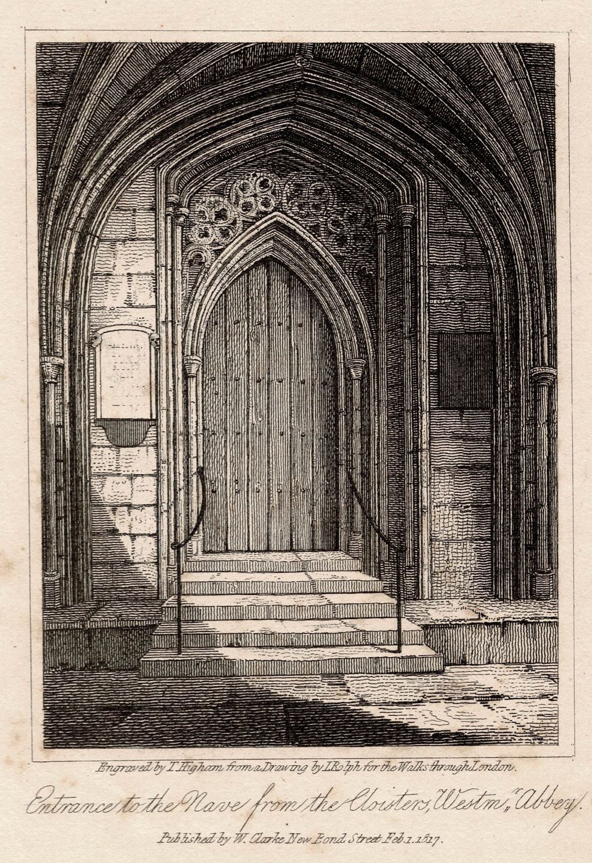 Westminster Abbey entrance to the Nave from the Cloisters antique print 1817
