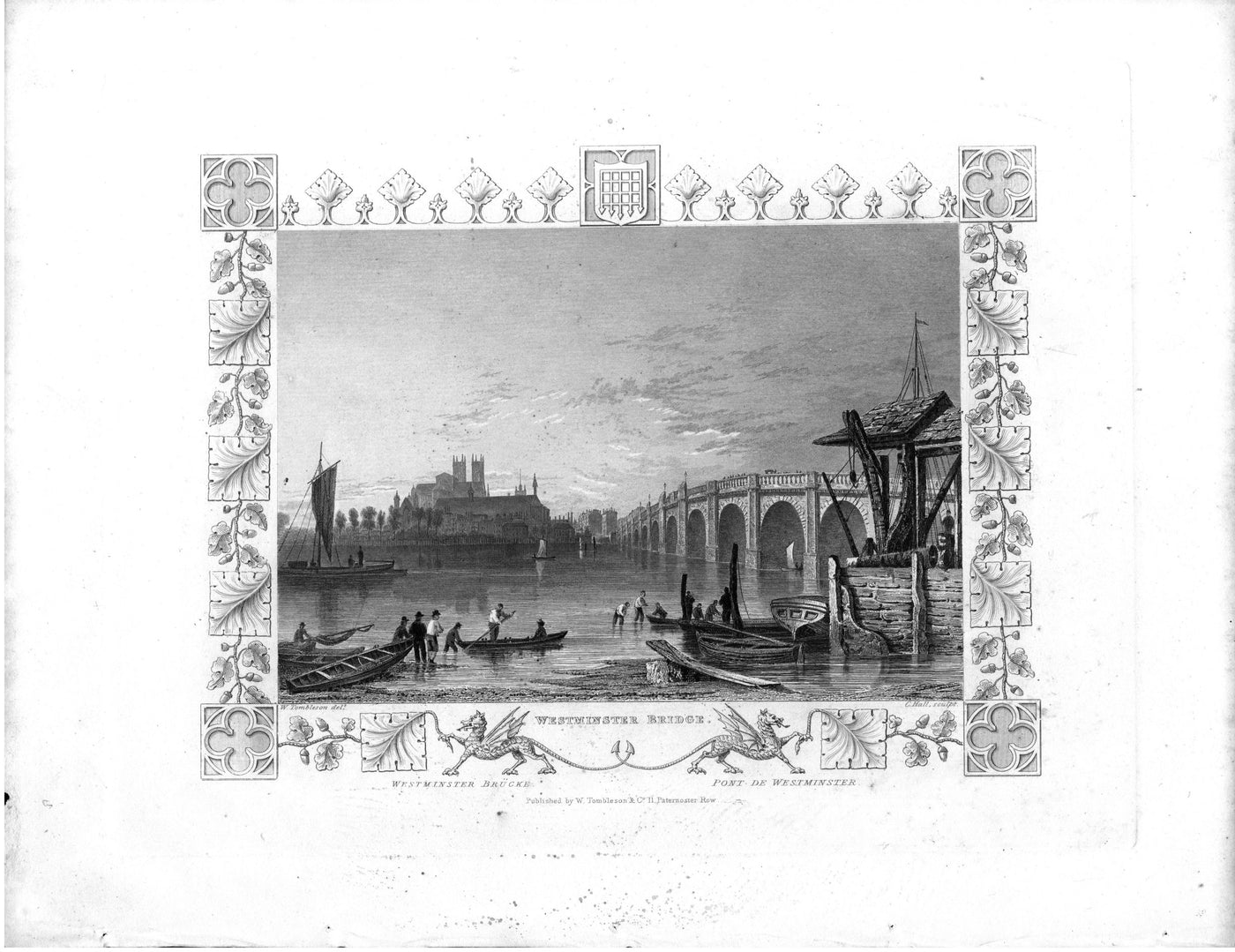 Westminster Bridge from the south bank of the River Thames antique print 1840