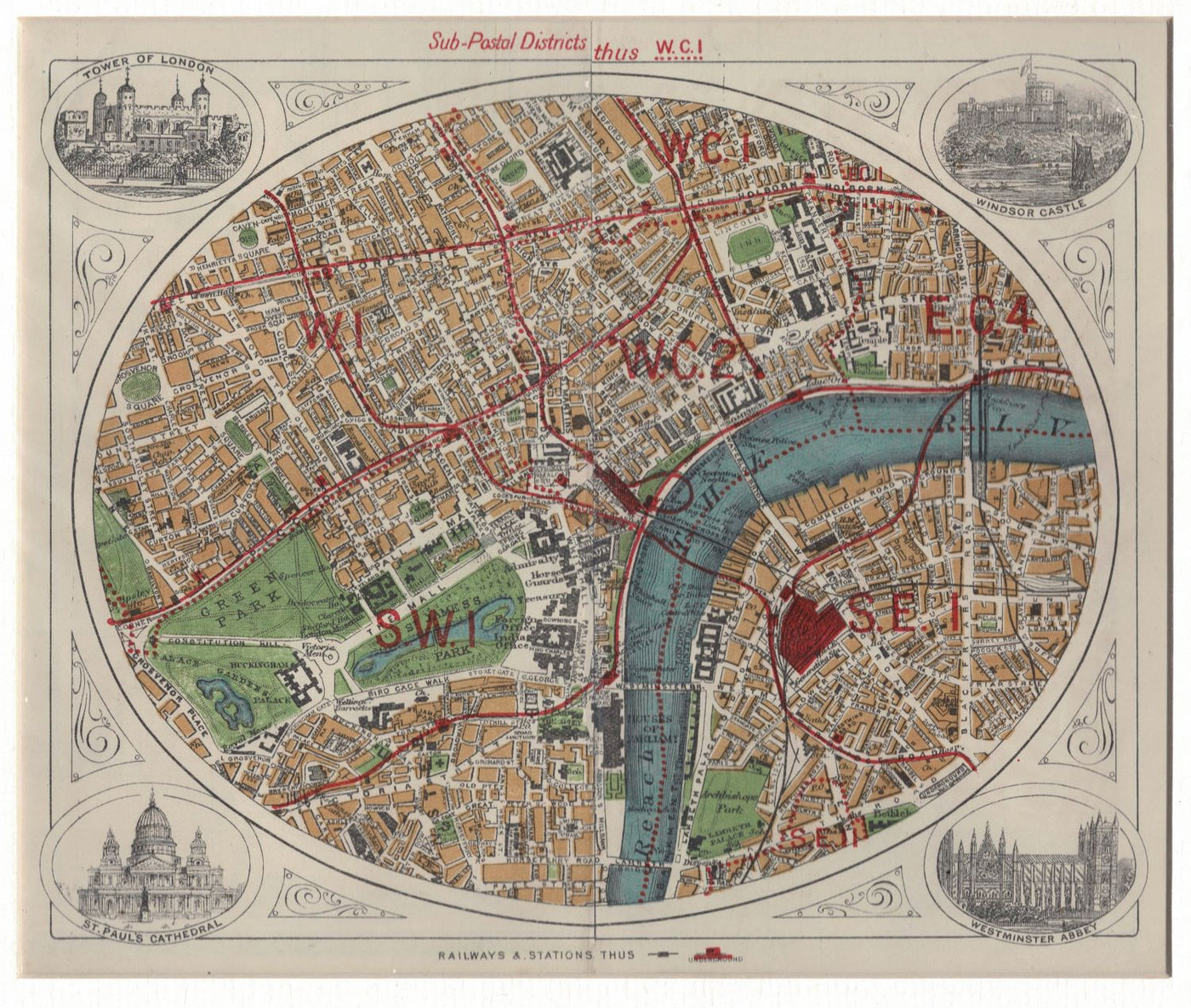 Central London Sub-Postal Districts antique map published 1920
