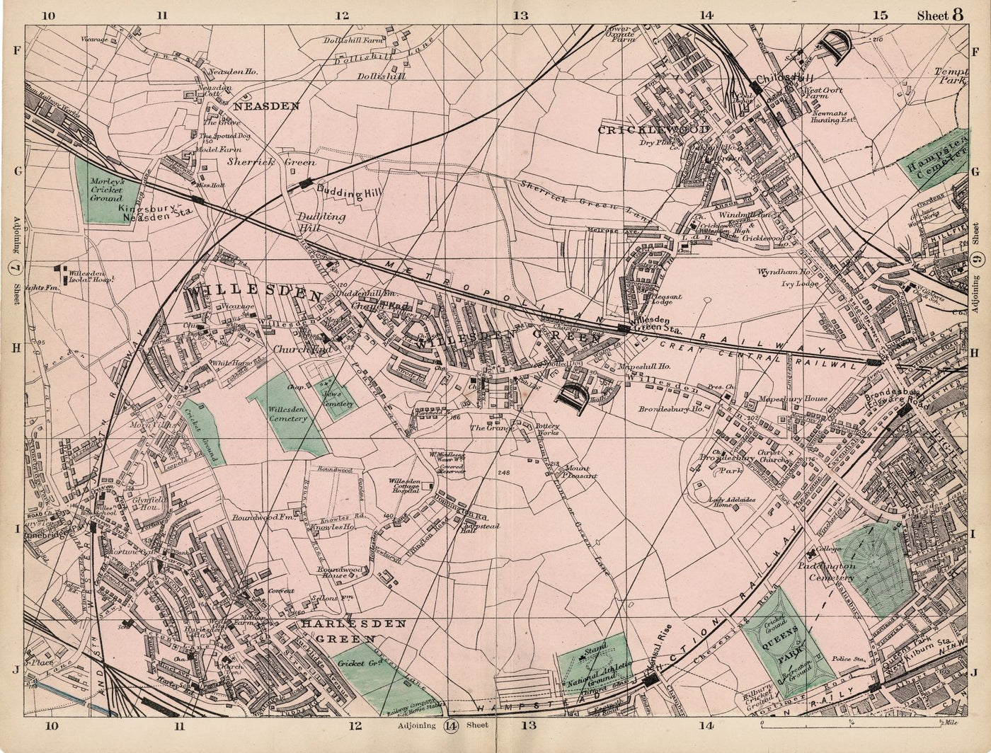 Willesden, Neasden, Harlesden Green, Cricklewood, Queens Park antique print  1897