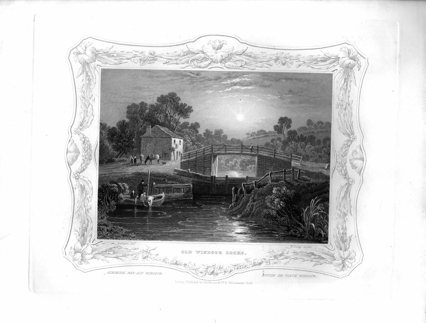 Old Windsor Locks on the River Thames Berkshire antique print 1840