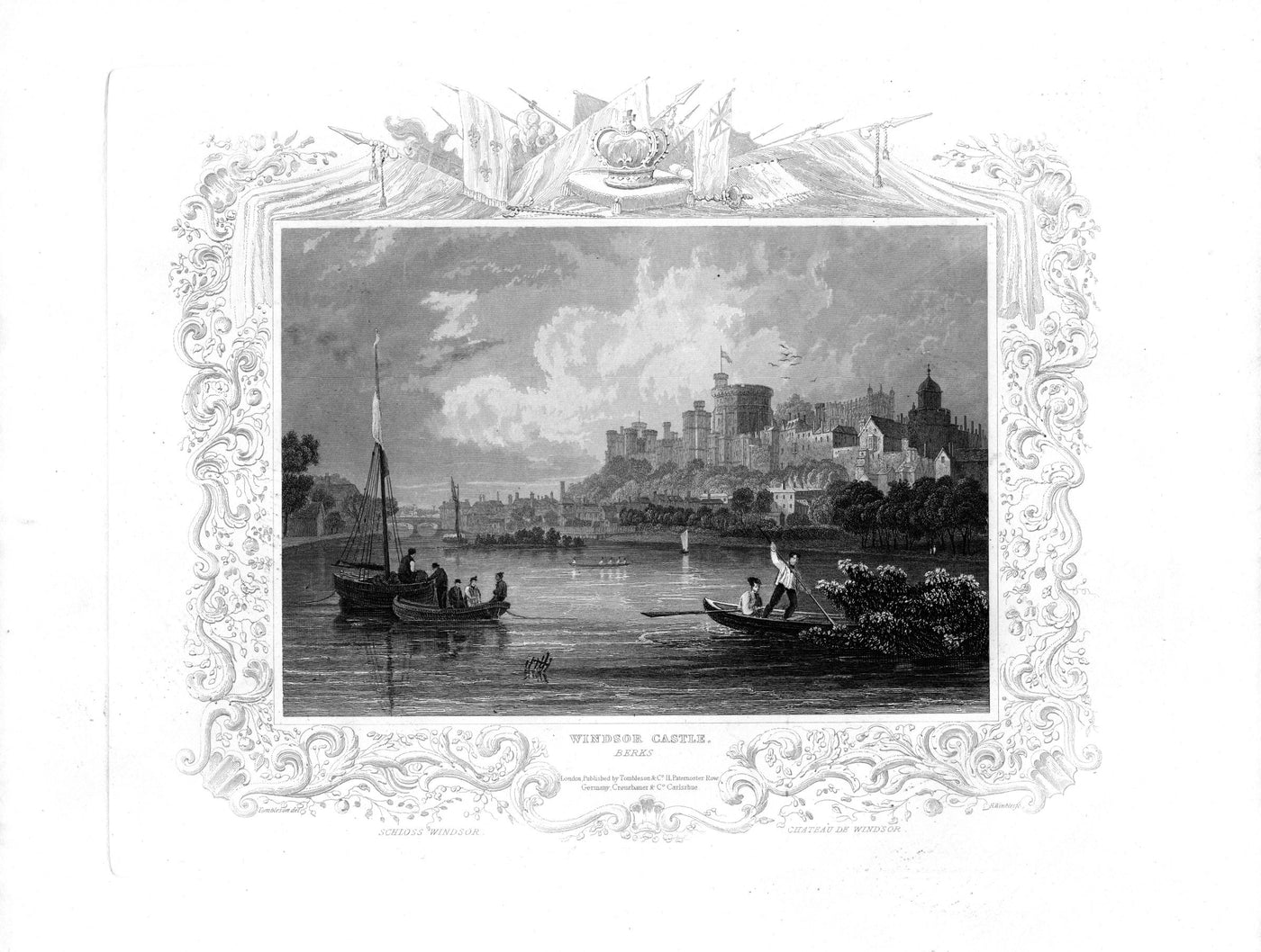 Windsor Castle on the River Thames in Berkshire antique print 1840