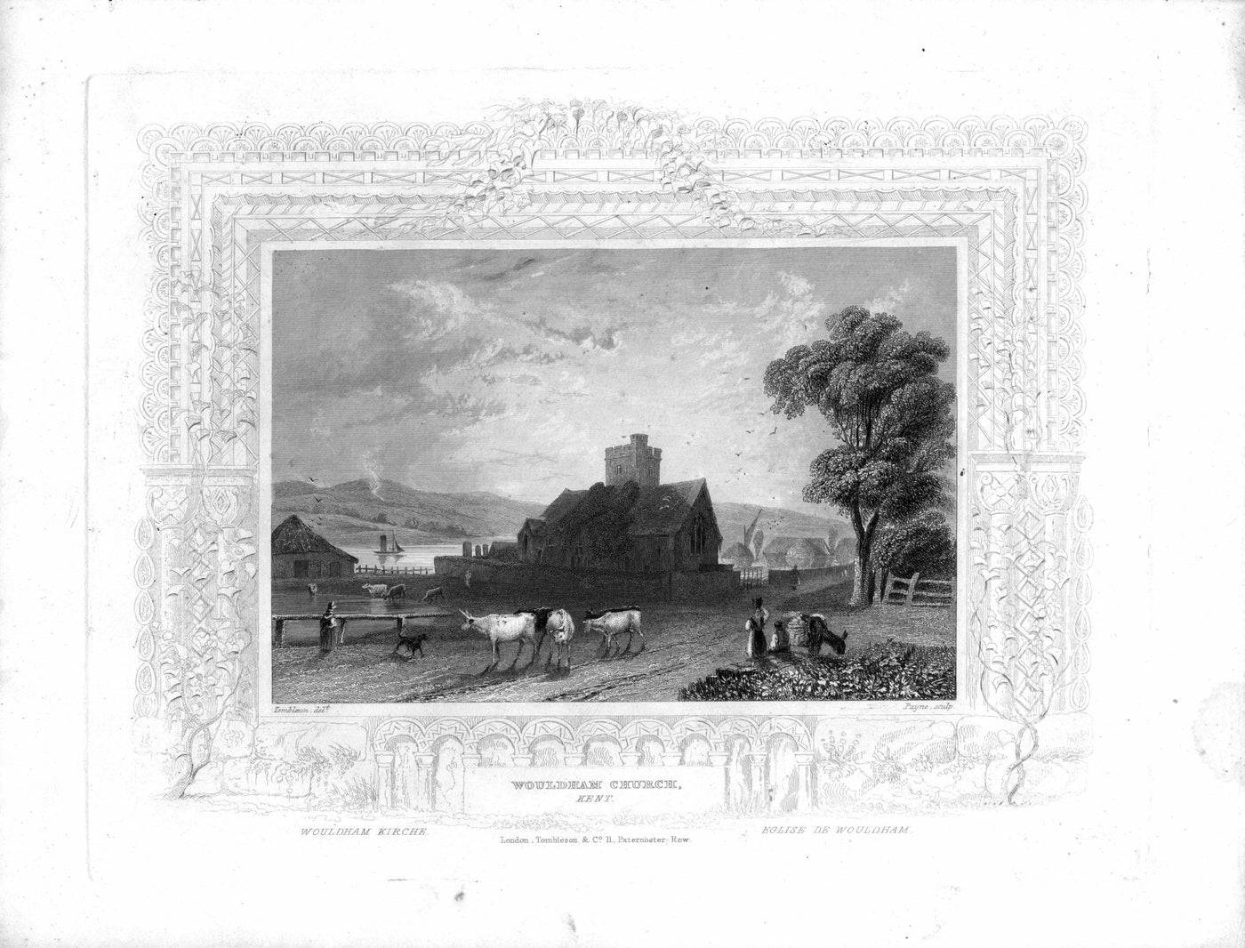 Wouldham Church on the River Medway in Kent antique print 1840