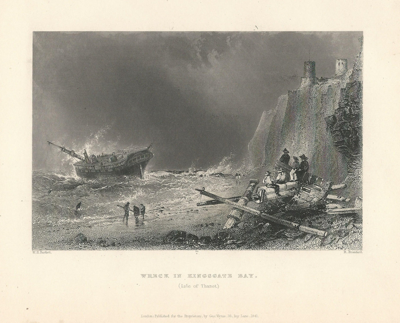 Kingsgate Bay Isle of Thanet shipwreck antique print 1844