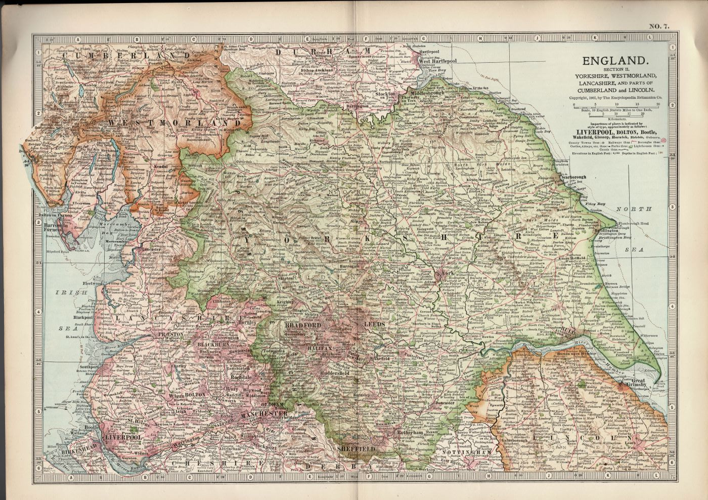 England North West & Yorkshire antique map Encyclopedia Britannica 1903