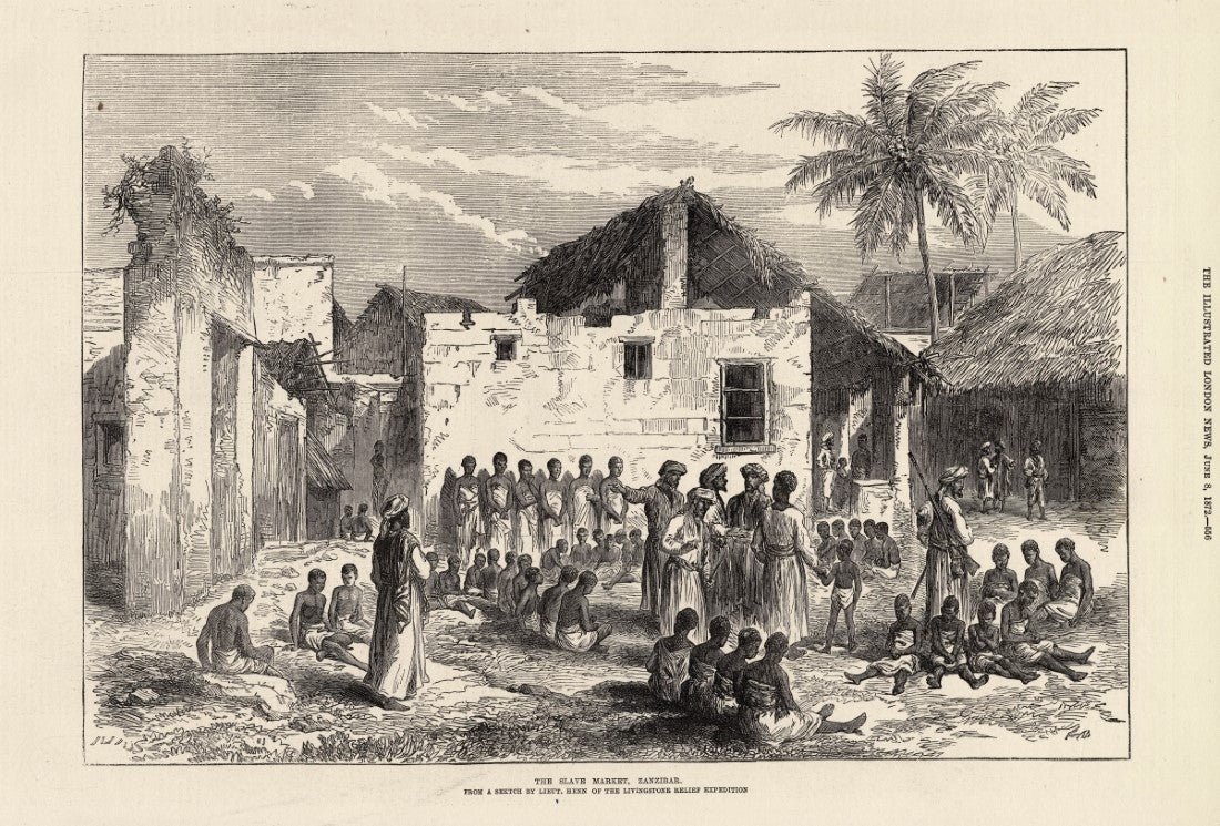 Zanzibar slave market antique print.